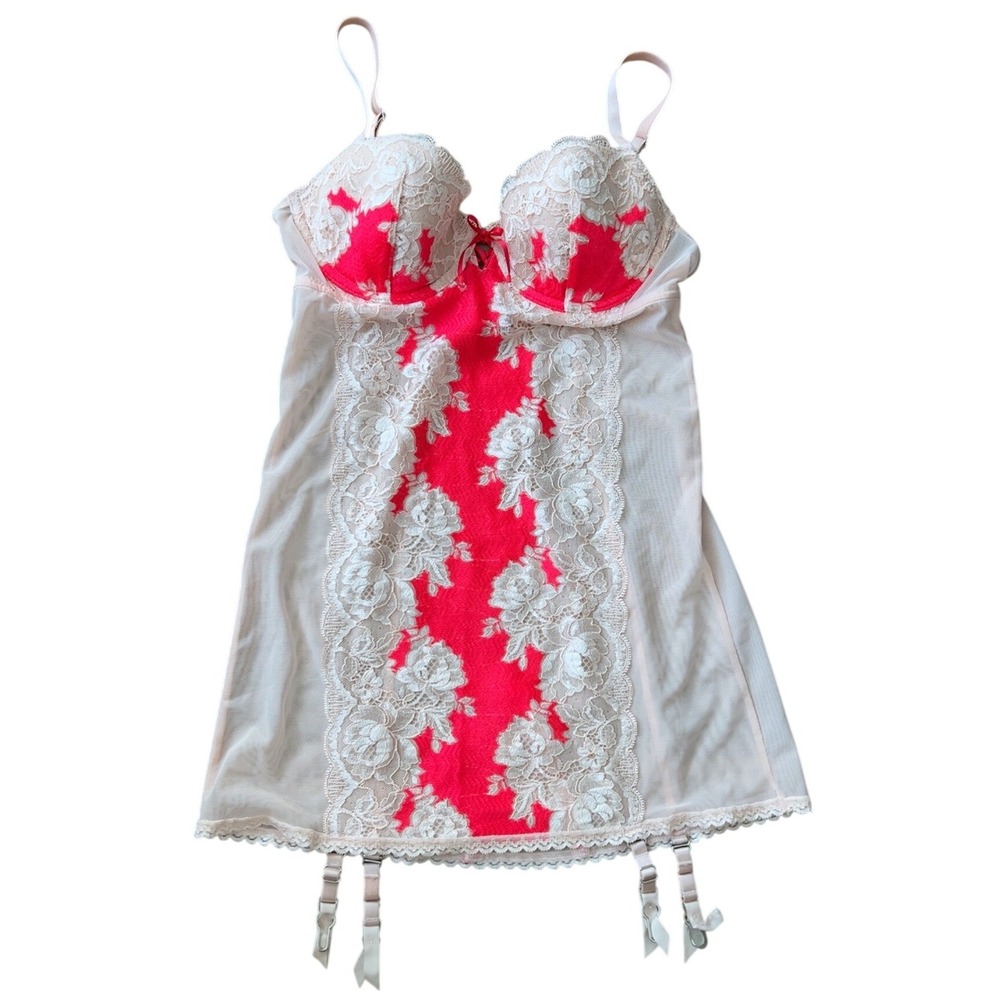 RARE Victoria's Secret Sexy Lace Garter Corset Teddy Mesh Pink Red | SZ: 34B